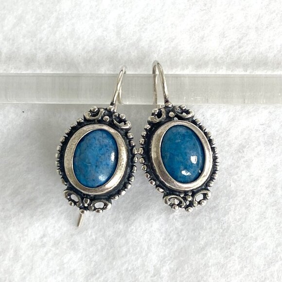 Sterling Silver 925 Oval Blue Denim Lapis Scrollwork Dangle Kidney Wire Earrings - Picture 2 of 16